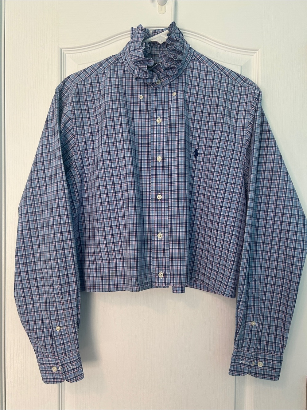 Upcycled Ralph Lauren Women’s Shirt Cropped Blue Pink Plaid with Ruffle Collar - Picture 4 of 12